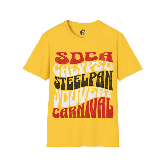 Daisy T&T TrinBago Carnival T-Shirt in T&T Flag Colors: Red, White & Black, highlighting some of the core cultural elements of the festival known famously as The Greatest Show on Earth: Soca, Calypso, Steelpan, J'Ouvert & Carnival.