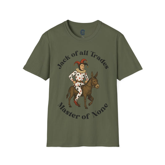 Jack of All Trades - Military Green Graphic Tee: Jester in playing card suits attire riding jackass, "Master of None" text, witty self-deprecating humor
