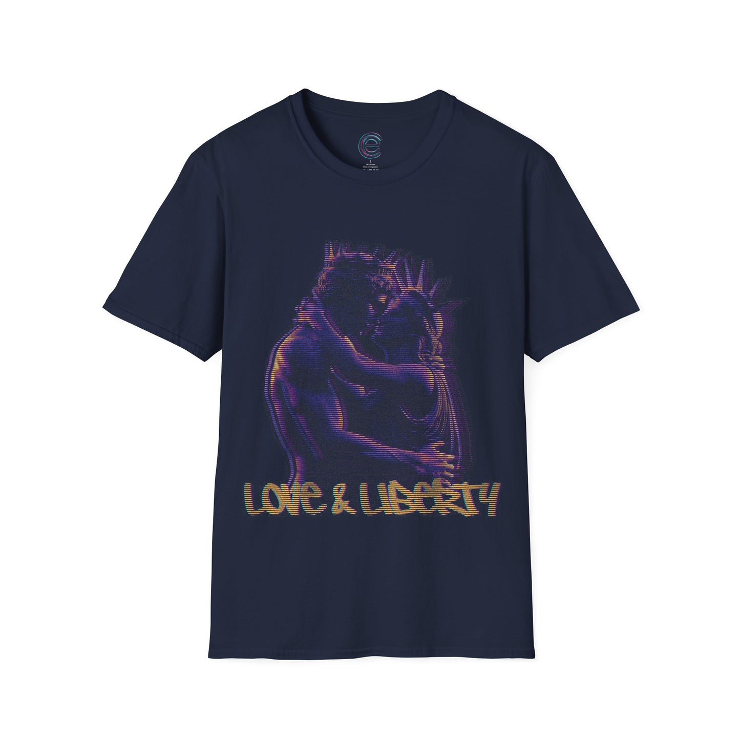 Love & Liberty Distorted - Navy Graphic T-Shirt: Renaissance & Neoclassical Statues Celebrating Connection & Freedom