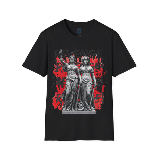 Revenge & Justice Black Graphic Tee: Renaissance Meets Street Art. Scale, Swords & Blindfold - Medusa, Revenge, Pursuit of Truth, Integrity, Social Inequity, Prejudice