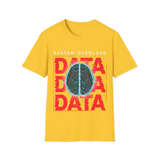 Yellow System Overload T-Shirt - Supercharged Futuristic Circuit Board Hybrid Human Brain Glows With Electrical Energy as the background Data Glitches & Pixelates due to overwhelm