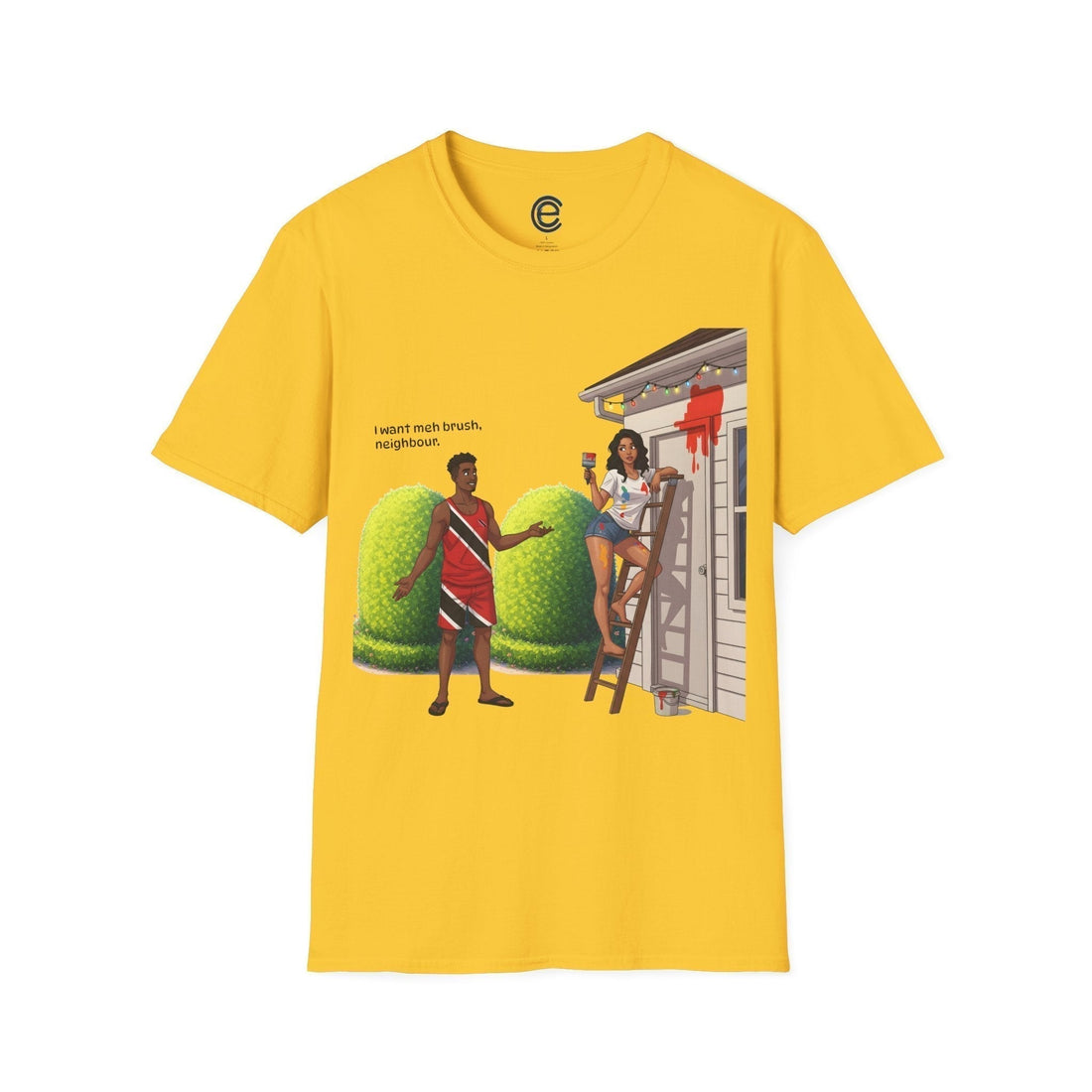 I Want Meh Brush T-shirt design celebrating Trinidad Carnival culture and Trini Creole dialect for masqueraders