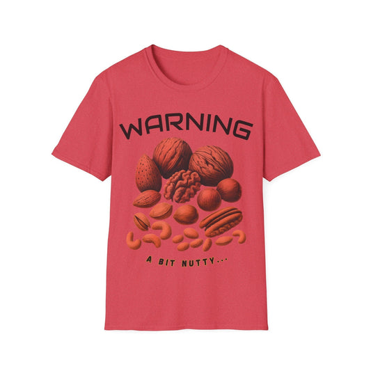 A Bit Nutty T-shirt design featuring warning label style graphic with nuts and playful text celebrating quirky personalities