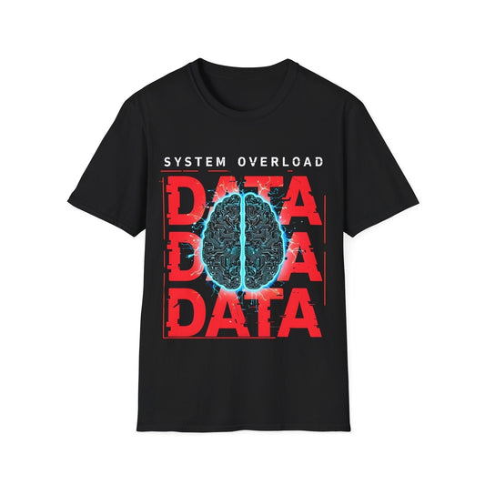 System Overload T-Shirt design featuring futuristic circuit board brain with glowing electrical energy and glitch effects
