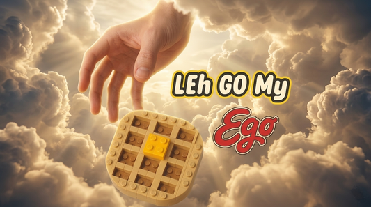 Open hand releasing a LEGO waffle — LEh GO My Ego spiritual humor T-shirt design by Crazy Good Threads