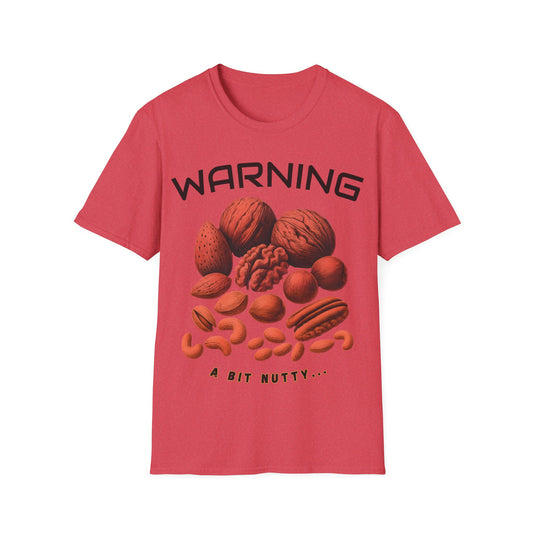 Heather Red t-shirt with nut graphic and 'WARNING: A Bit Nutty' text on a white background