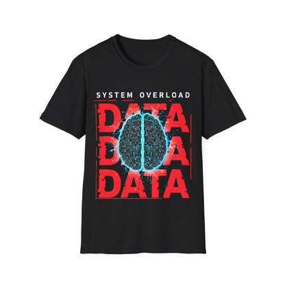 Black System Overload T-Shirt - Supercharged Futuristic Circuit Board Hybrid Human Brain Glows With Electrical Energy as the background Data Glitches & Pixelates due to overwhelm