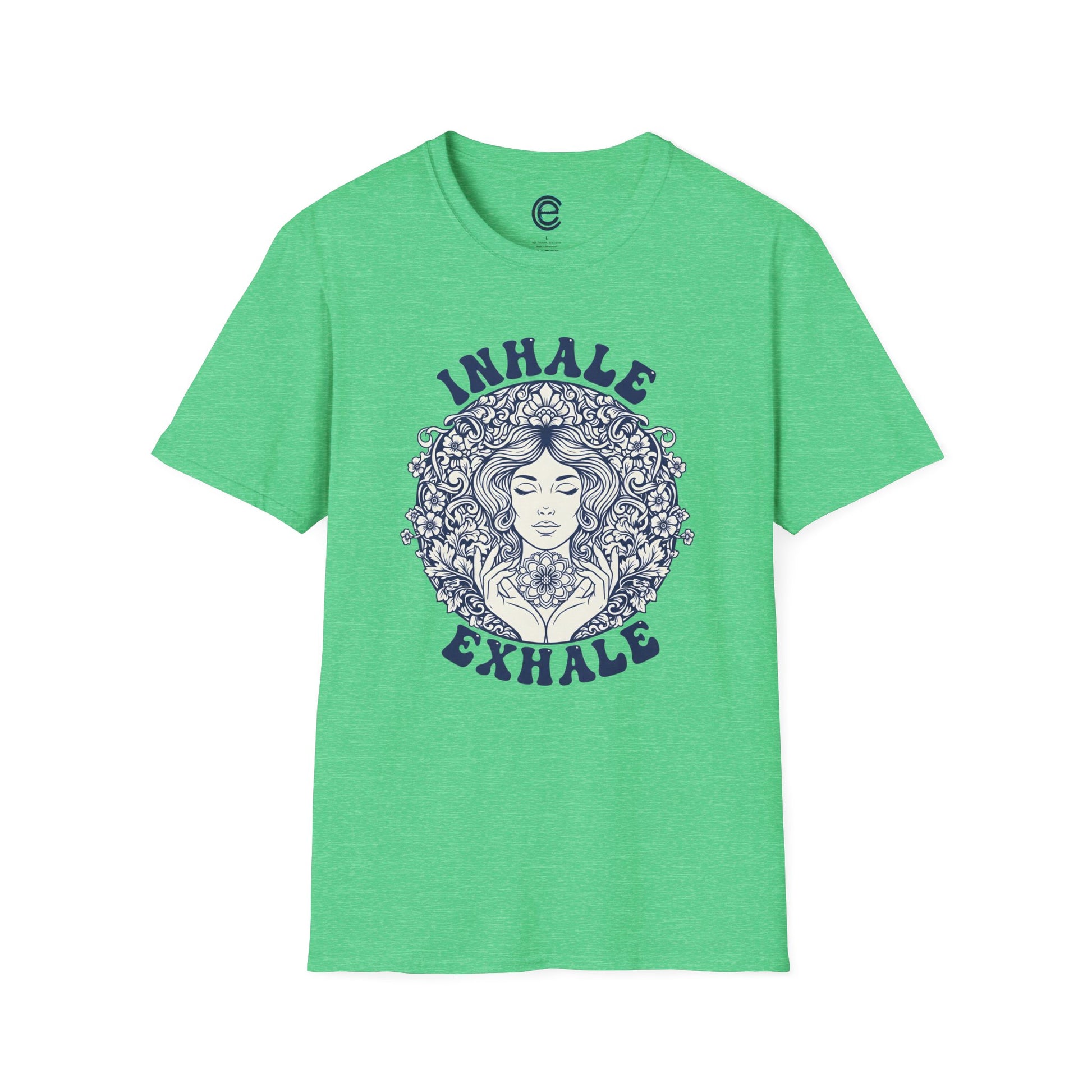 Breathe - Heather Irish Green Tee: Minimalist Design. Pranayama Breathwork: Inhale, Exhale, Spiritus, Meditation, Yoga