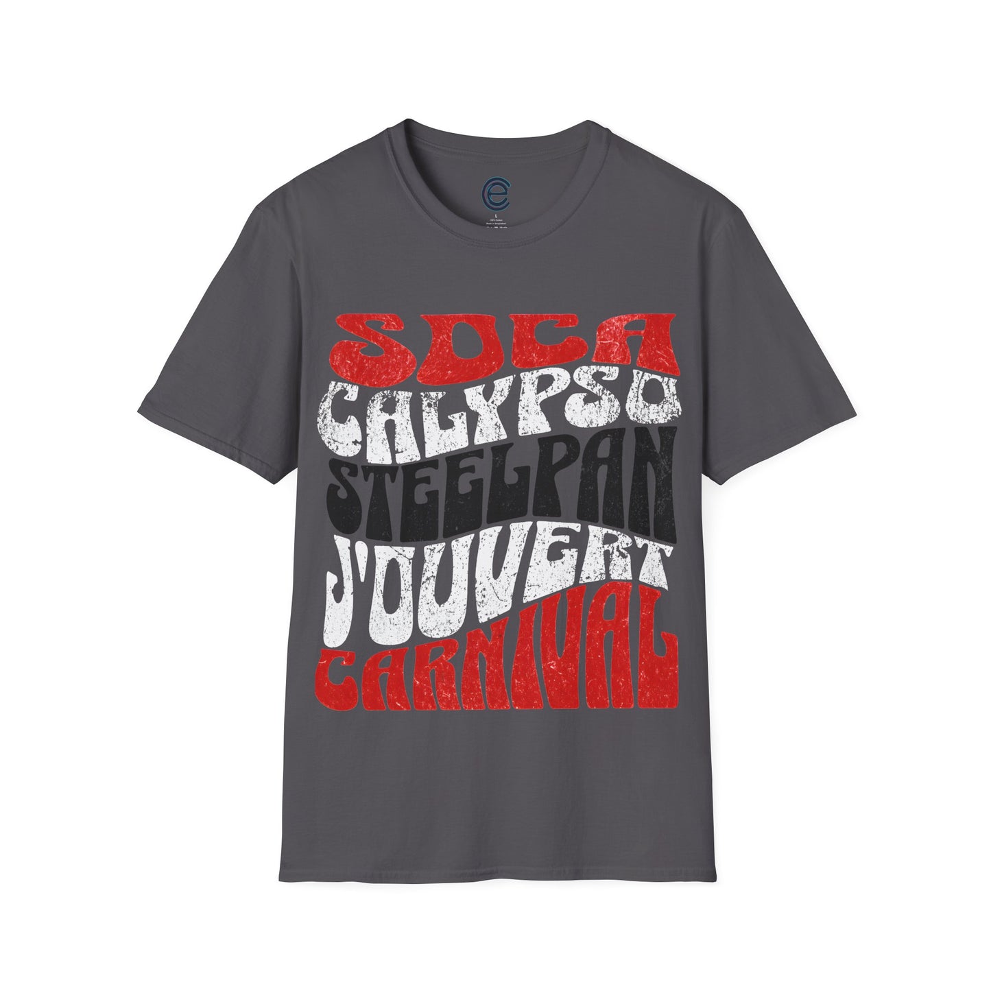 Charcoal T&T TrinBago Carnival T-Shirt in T&T Flag Colors: Red, White & Black, highlighting some of the core cultural elements of the festival known famously as The Greatest Show on Earth: Soca, Calypso, Steelpan, J'Ouvert & Carnival.