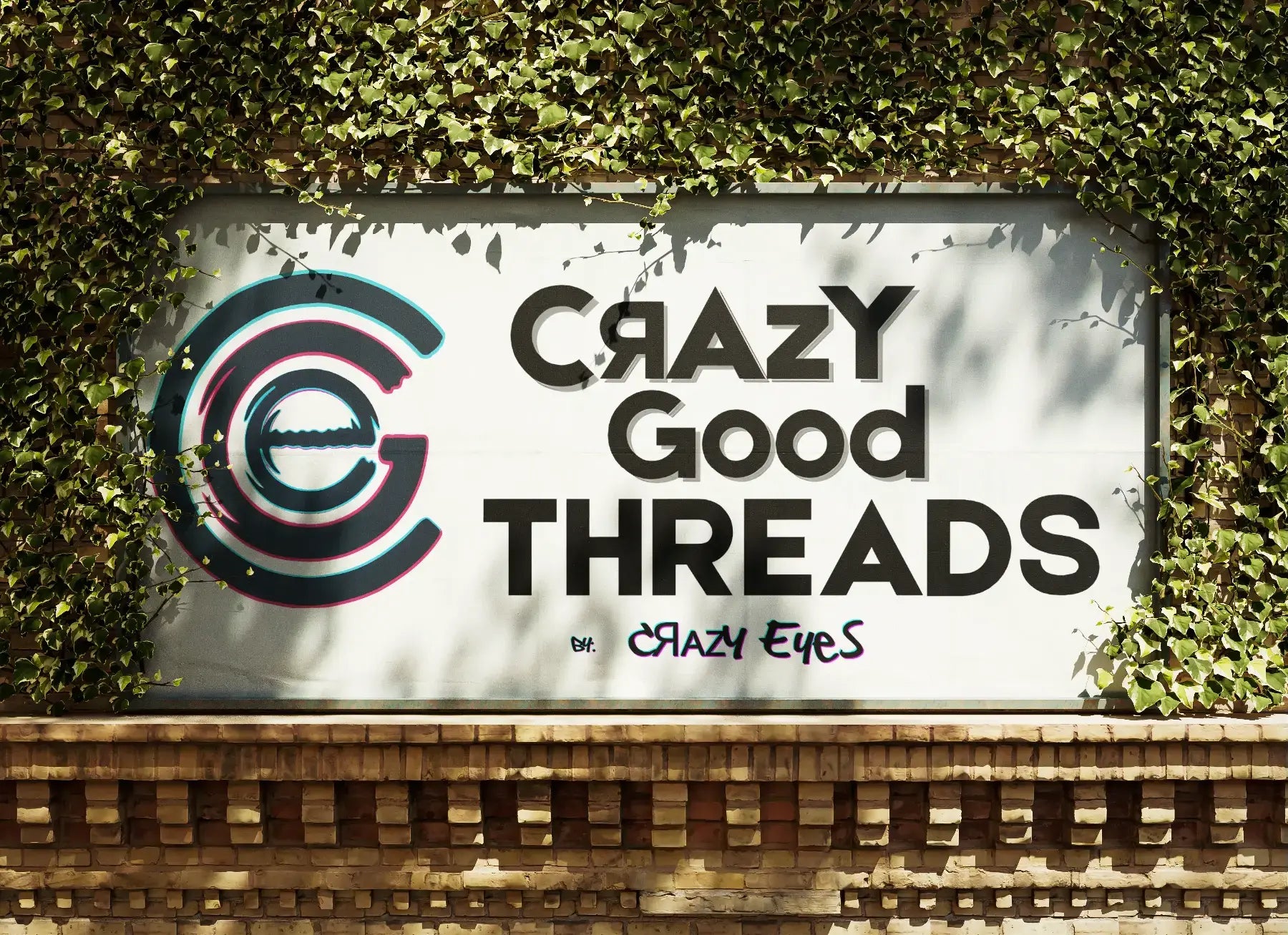 Crazy Good Threads Logo - Cover Page Banner  - Billboard signage against a green leafy background