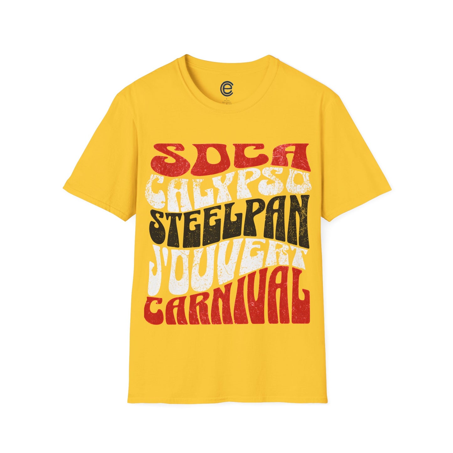 Daisy T&T TrinBago Carnival T-Shirt in T&T Flag Colors: Red, White & Black, highlighting some of the core cultural elements of the festival known famously as The Greatest Show on Earth: Soca, Calypso, Steelpan, J'Ouvert & Carnival.