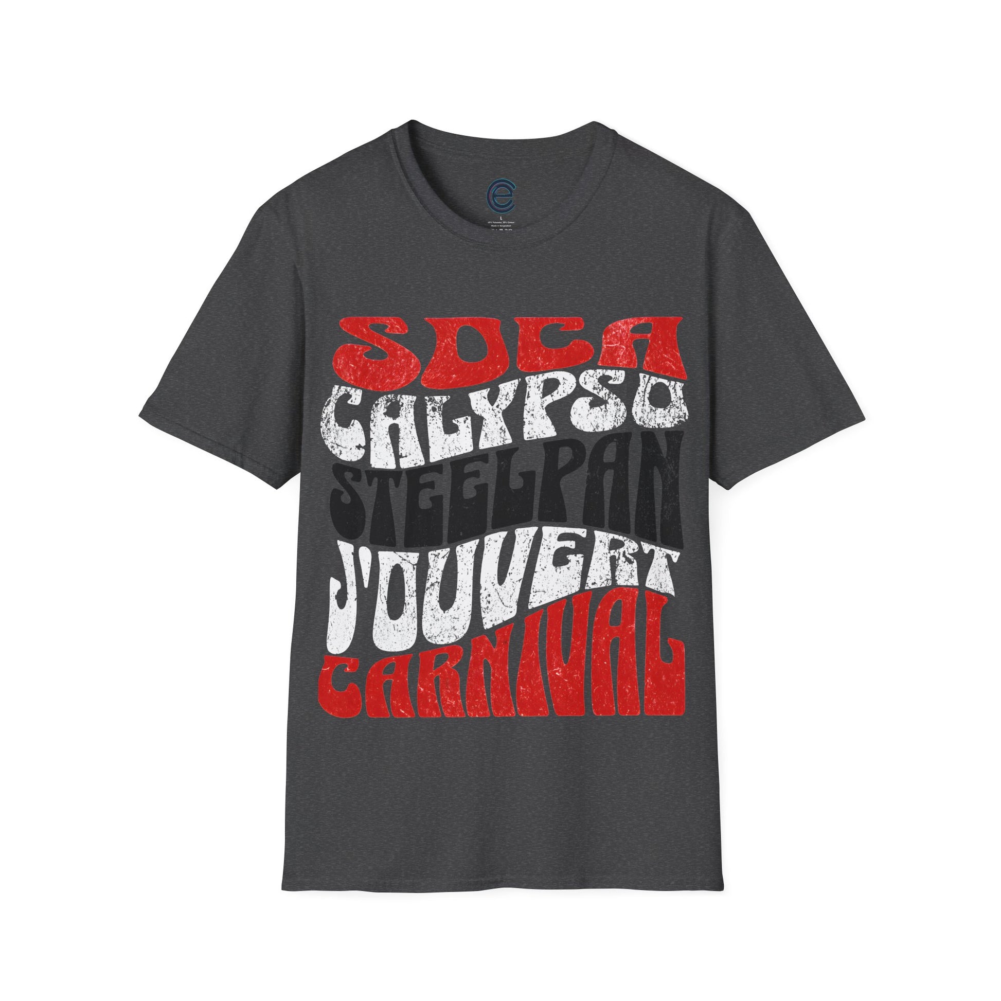 Dark Heather T&T TrinBago Carnival T-Shirt in T&T Flag Colors: Red, White & Black, highlighting some of the core cultural elements of the festival known famously as The Greatest Show on Earth: Soca, Calypso, Steelpan, J'Ouvert & Carnival.