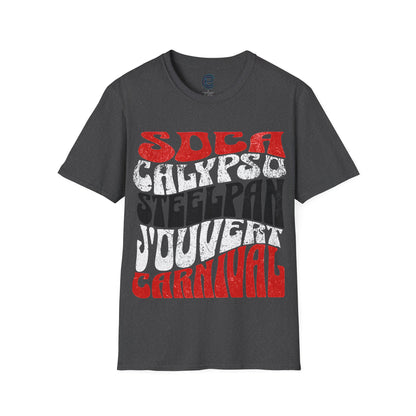 Dark Heather T&T TrinBago Carnival T-Shirt in T&T Flag Colors: Red, White & Black, highlighting some of the core cultural elements of the festival known famously as The Greatest Show on Earth: Soca, Calypso, Steelpan, J'Ouvert & Carnival.