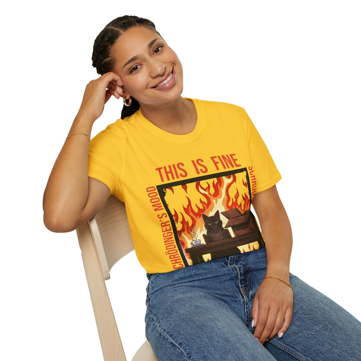 Female model wearing a Daisy Schrödinger’s Mood T-Shirt - Dualistic Feeling of Circumstances Either Being Fine or Not Fine