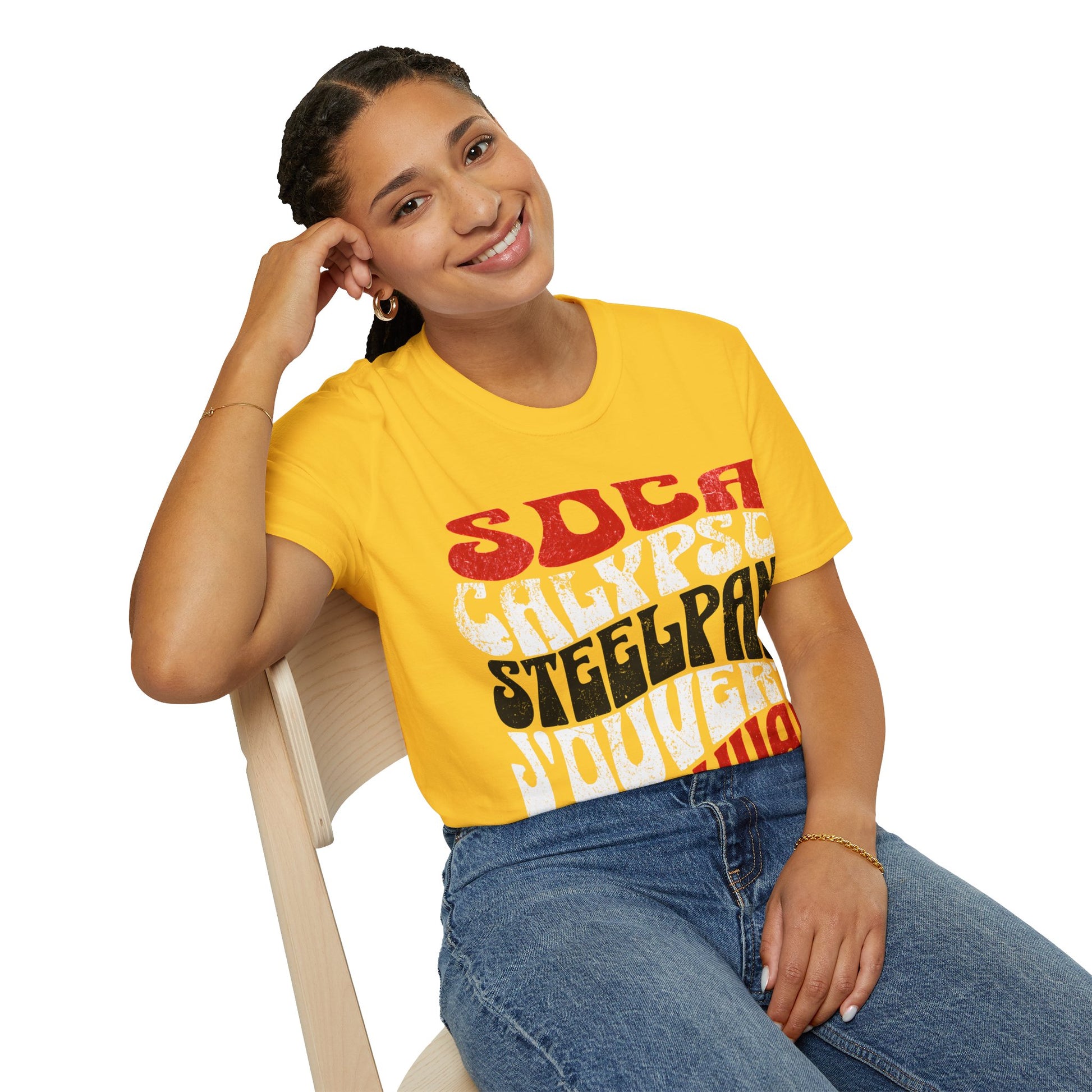 Female model wearing a Daisy T&T TrinBago Carnival T-Shirt in T&T Flag Colors: Red, White & Black, highlighting some of the core cultural elements of the festival known famously as The Greatest Show on Earth: Soca, Calypso, Steelpan, J'Ouvert & Carnival.