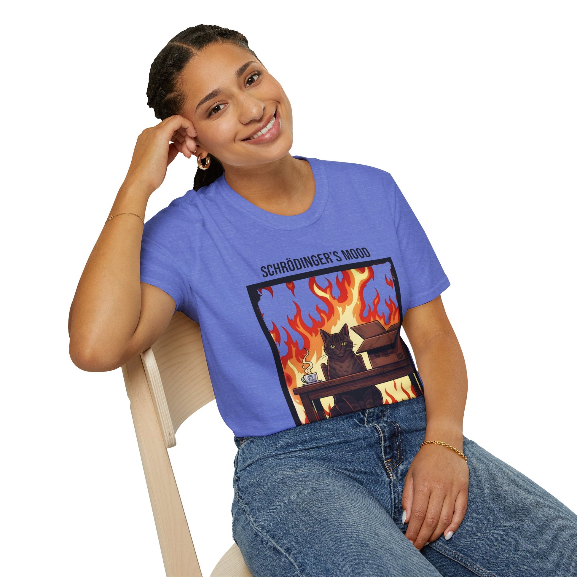 Female model wearing a Heather Royal Schrödinger’s Mood T-Shirt - Dualistic Feeling of Circumstances Either Being Fine or Not Fine