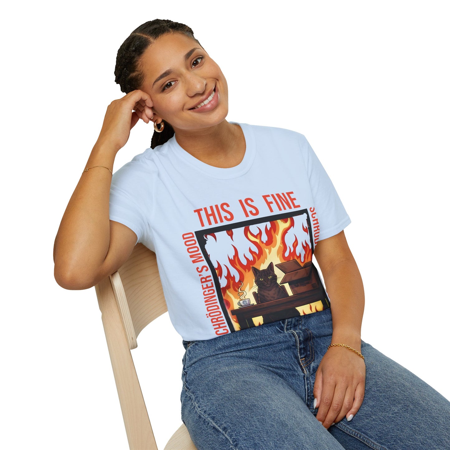 Female model wearing a Light Blue Schrödinger’s Mood T-Shirt - Dualistic Feeling of Circumstances Either Being Fine or Not Fine