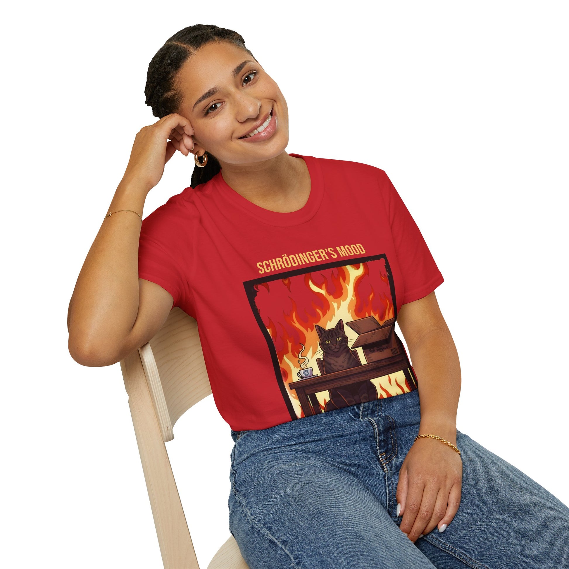 Female model wearing a Red Schrödinger’s Mood T-Shirt - Dualistic Feeling of Circumstances Either Being Fine or Not Fine