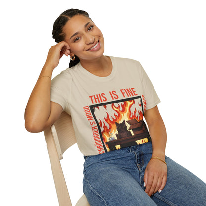 Female model wearing a Sand Schrödinger’s Mood T-Shirt - Dualistic Feeling of Circumstances Either Being Fine or Not Fine