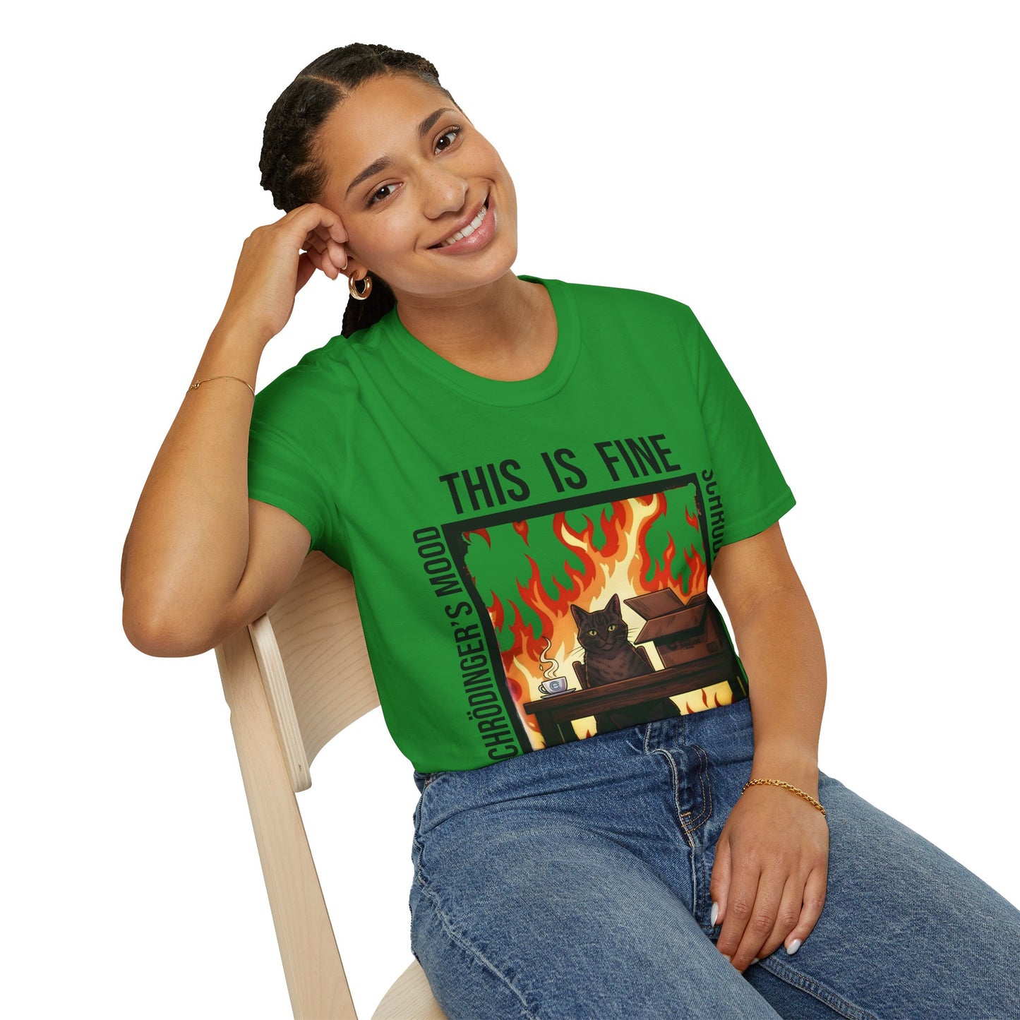 Female model wearing an Irish Green Schrödinger’s Mood T-Shirt - Dualistic Feeling of Circumstances Either Being Fine or Not Fine