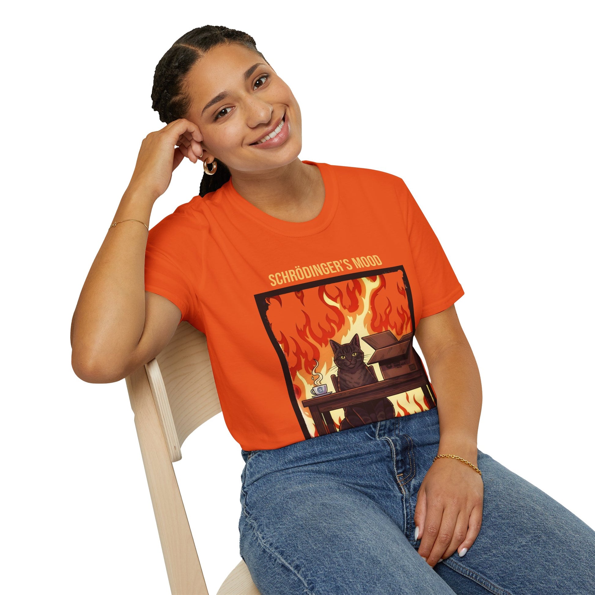 Female model wearing a Orange Schrödinger’s Mood T-Shirt - Dualistic Feeling of Circumstances Either Being Fine or Not Fine