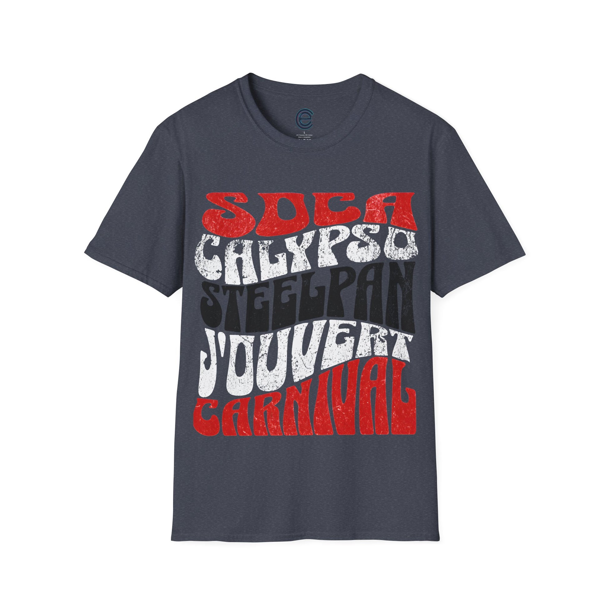 Heather Navy T&T TrinBago Carnival T-Shirt in T&T Flag Colors: Red, White & Black, highlighting some of the core cultural elements of the festival known famously as The Greatest Show on Earth: Soca, Calypso, Steelpan, J'Ouvert & Carnival.