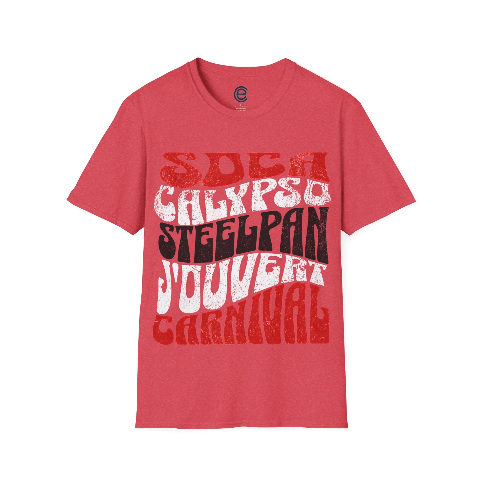 Heather Red T&T TrinBago Carnival T-Shirt in T&T Flag Colors: Red, White & Black, highlighting some of the core cultural elements of the festival known famously as The Greatest Show on Earth: Soca, Calypso, Steelpan, J'Ouvert & Carnival.