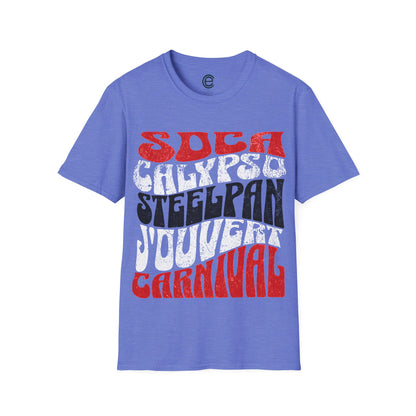 Heather Royal T&T TrinBago Carnival T-Shirt in T&T Flag Colors: Red, White & Black, highlighting some of the core cultural elements of the festival known famously as The Greatest Show on Earth: Soca, Calypso, Steelpan, J'Ouvert & Carnival.