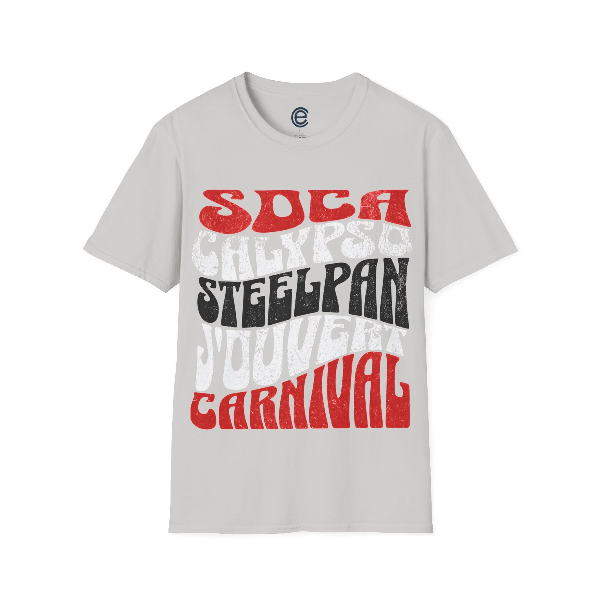 Ice Grey T&T TrinBago Carnival T-Shirt in T&T Flag Colors: Red, White & Black, highlighting some of the core cultural elements of the festival known famously as The Greatest Show on Earth: Soca, Calypso, Steelpan, J'Ouvert & Carnival.