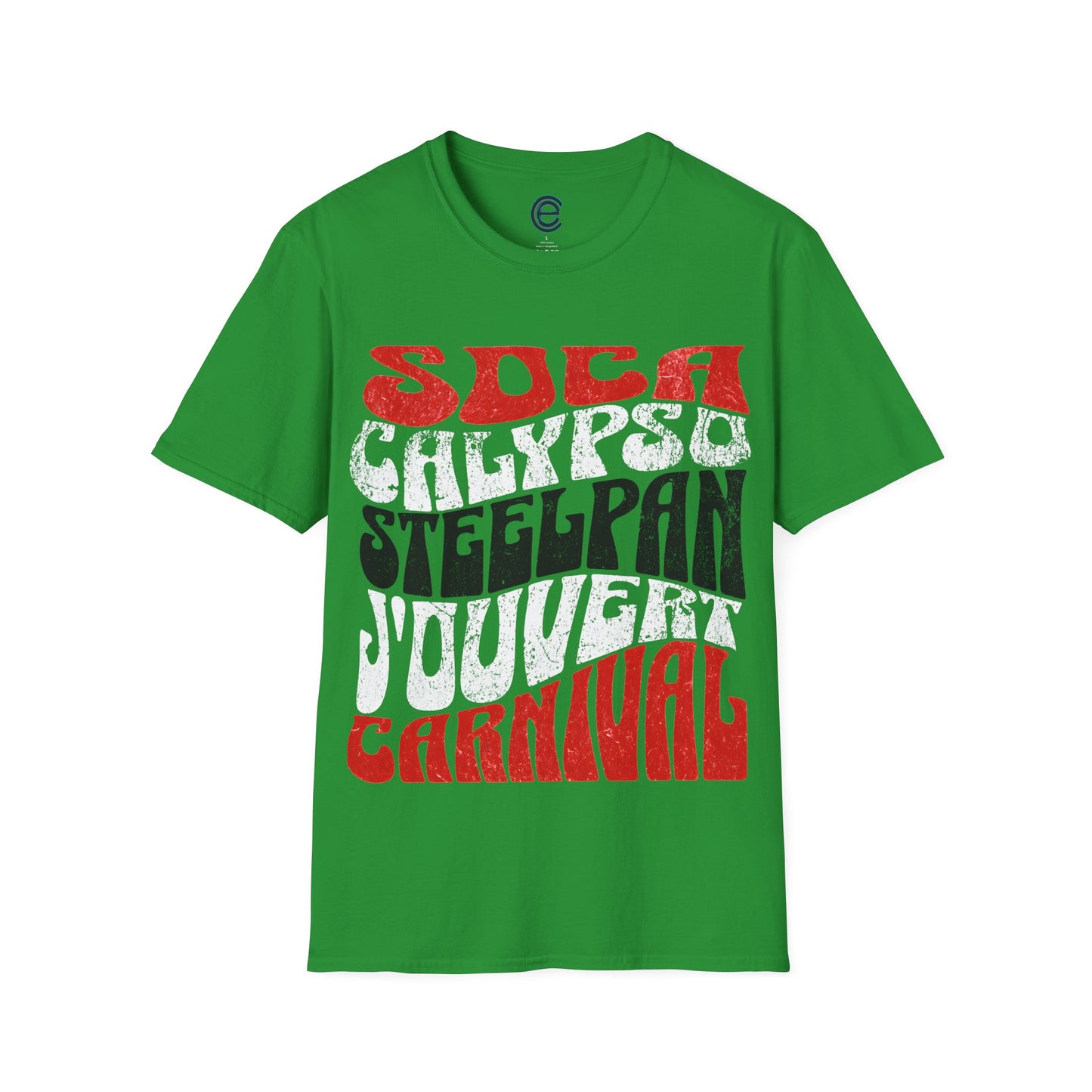 Irish Green T&T TrinBago Carnival T-Shirt in T&T Flag Colors: Red, White & Black, highlighting some of the core cultural elements of the festival known famously as The Greatest Show on Earth: Soca, Calypso, Steelpan, J'Ouvert & Carnival. This one has a Christmas vibe due to the color combination.