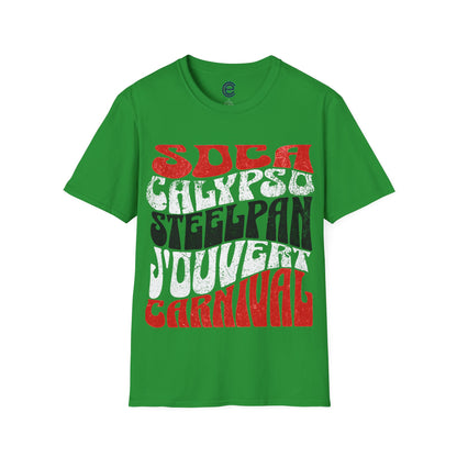 Irish Green T&T TrinBago Carnival T-Shirt in T&T Flag Colors: Red, White & Black, highlighting some of the core cultural elements of the festival known famously as The Greatest Show on Earth: Soca, Calypso, Steelpan, J'Ouvert & Carnival. This one has a Christmas vibe due to the color combination.