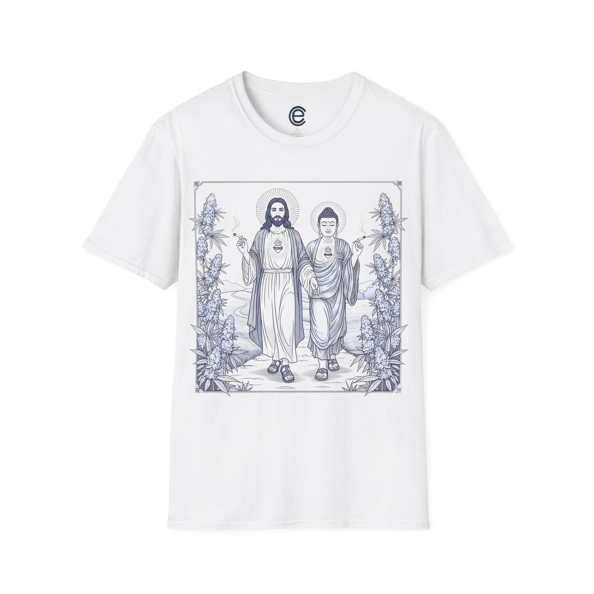 Jesus & Buddha - White Graphic Tee: Divinely Guided, Unity, Consciousness Elevated. Compassion, Spirituality, Self as Obstacle, Source