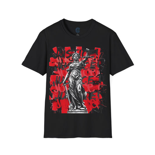 Justitia - Lady Justice Black Graphic Tee: Renaissance Meets Street Art. Scales, Sword & Blindfold - Pursuit of Truth, Integrity, Social Inequity, Prejudice