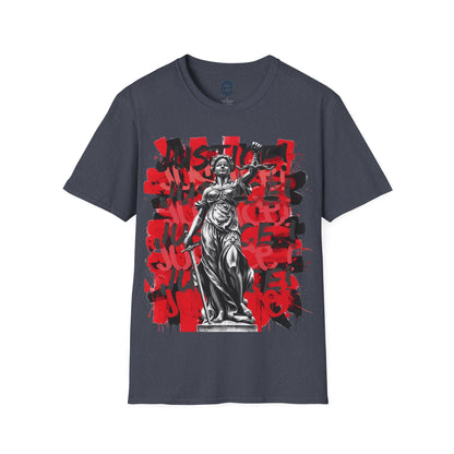 Justitia - Lady Justice Heather Navy Tee: Renaissance Graffiti Scales, Sword, Blindfold: Truth, Integrity, Inequity, Prejudice
