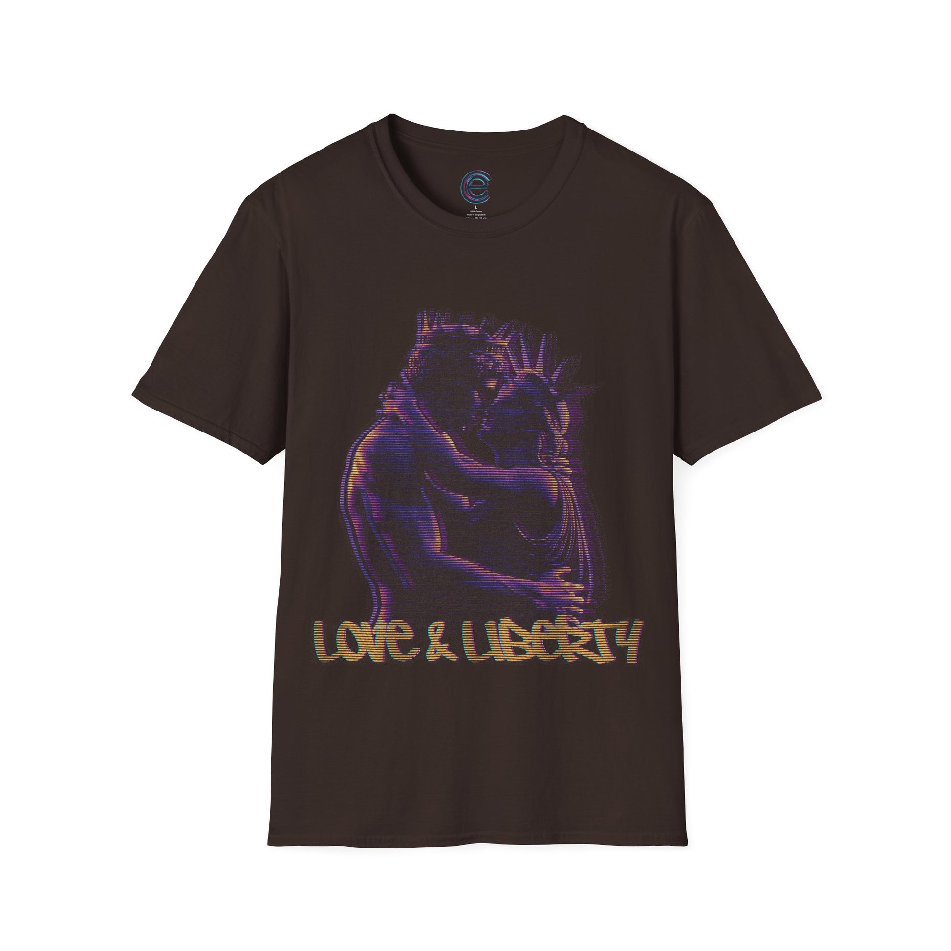 Love & Liberty Distorted - Dark Chocolate Graphic T-Shirt: Renaissance & Neoclassical Statues Celebrating Connection & Freedom