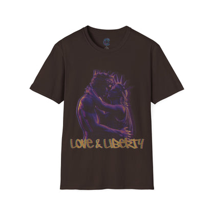 Love & Liberty Distorted - Dark Chocolate Graphic T-Shirt: Renaissance & Neoclassical Statues Celebrating Connection & Freedom