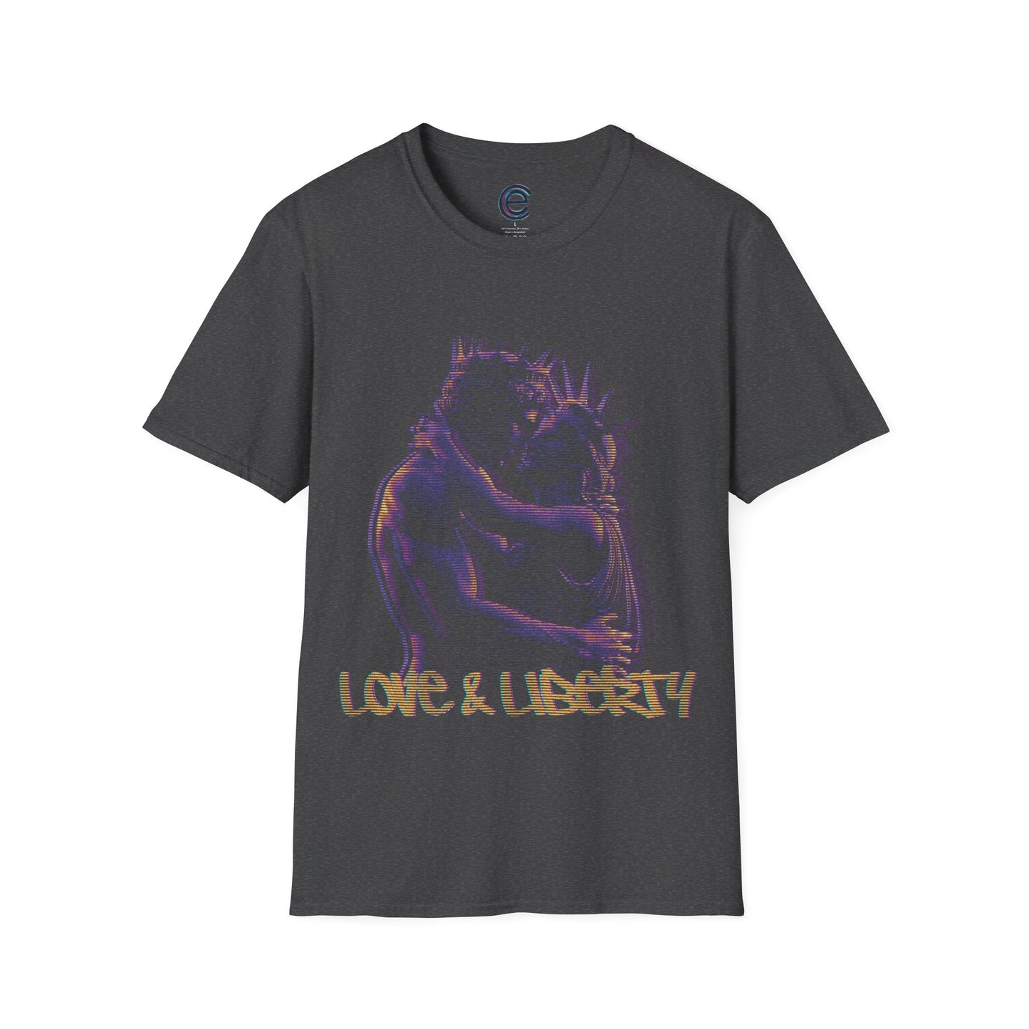 Love & Liberty Distorted - Dark Heather Graphic T-Shirt: Renaissance & Neoclassical Statues Celebrating Connection & Freedom