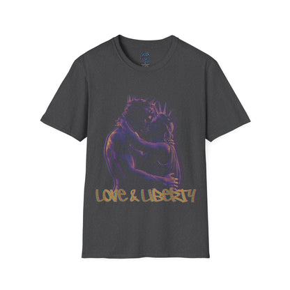 Love & Liberty Distorted - Dark Heather Graphic T-Shirt: Renaissance & Neoclassical Statues Celebrating Connection & Freedom