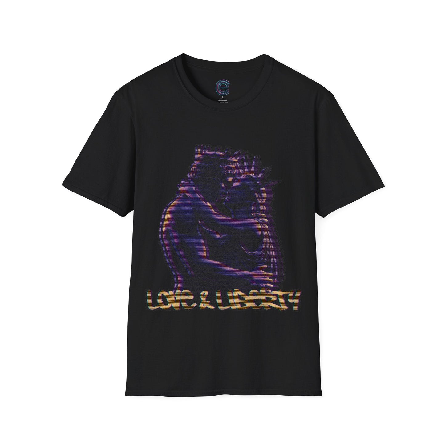 Love & Liberty Distorted Black Graphic T-Shirt: Renaissance & Neoclassical Statues Celebrating Connection & Freedom