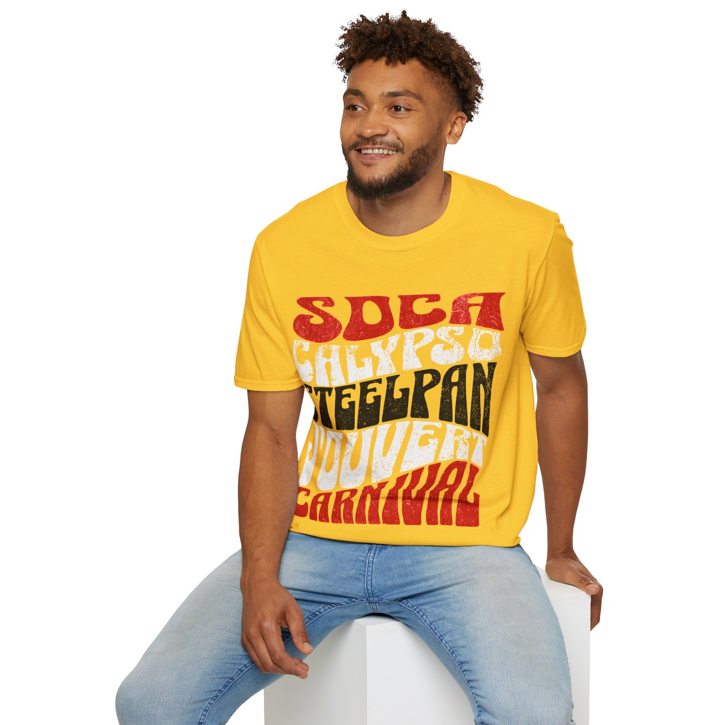 Male model wearing a Daisy T&T TrinBago Carnival T-Shirt in T&T Flag Colors: Red, White & Black, highlighting some of the core cultural elements of the festival known famously as The Greatest Show on Earth: Soca, Calypso, Steelpan, J'Ouvert & Carnival.
