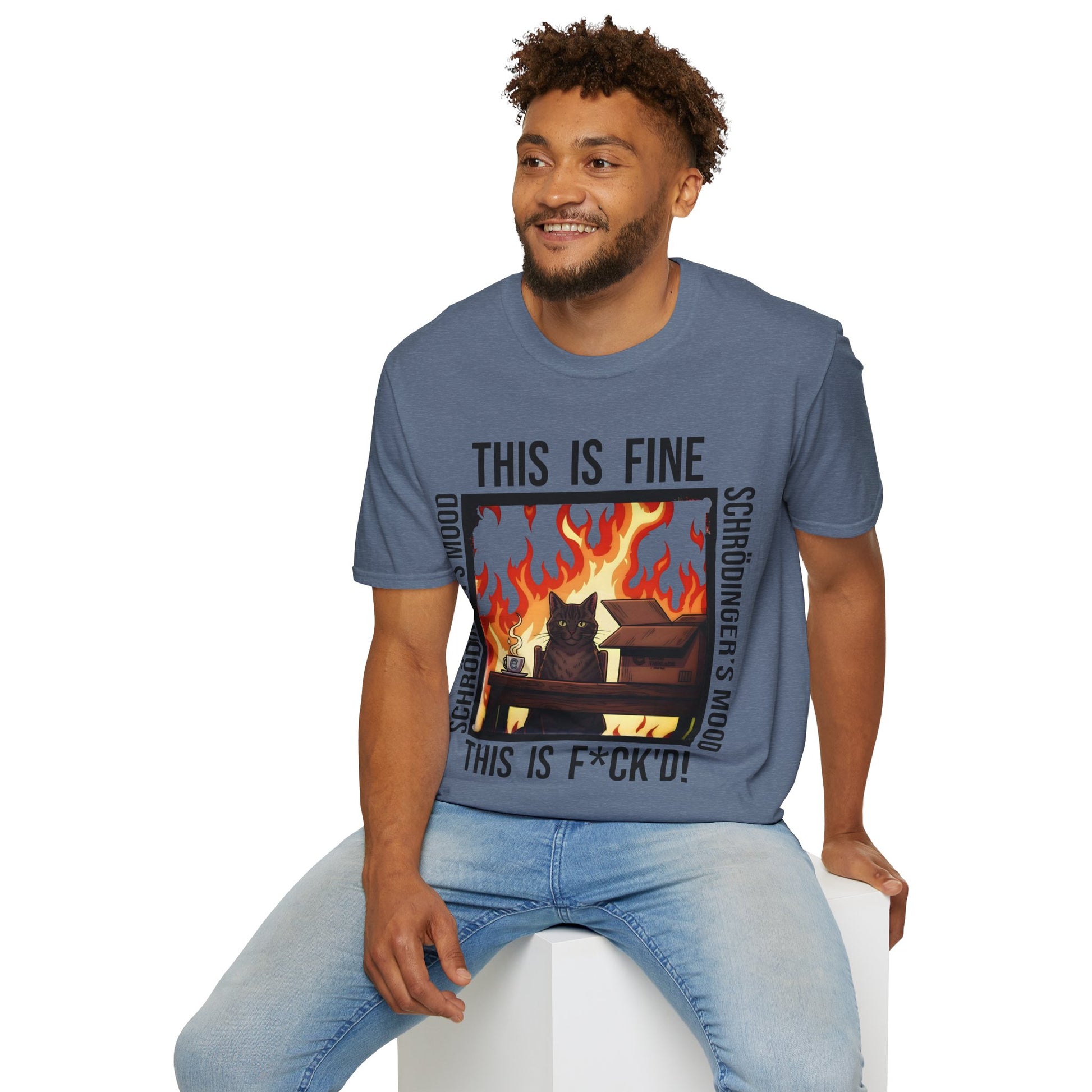Male model wearing an Heather Indigo Schrödinger’s Mood T-Shirt - Dualistic Feeling of Circumstances Either Being Fine or Not Fine