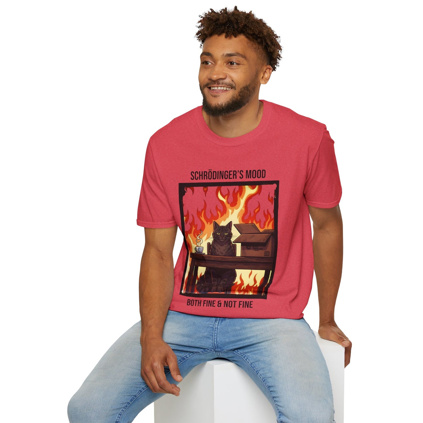 Male model wearing an Heather Red Schrödinger’s Mood T-Shirt - Dualistic Feeling of Circumstances Either Being Fine or Not Fine