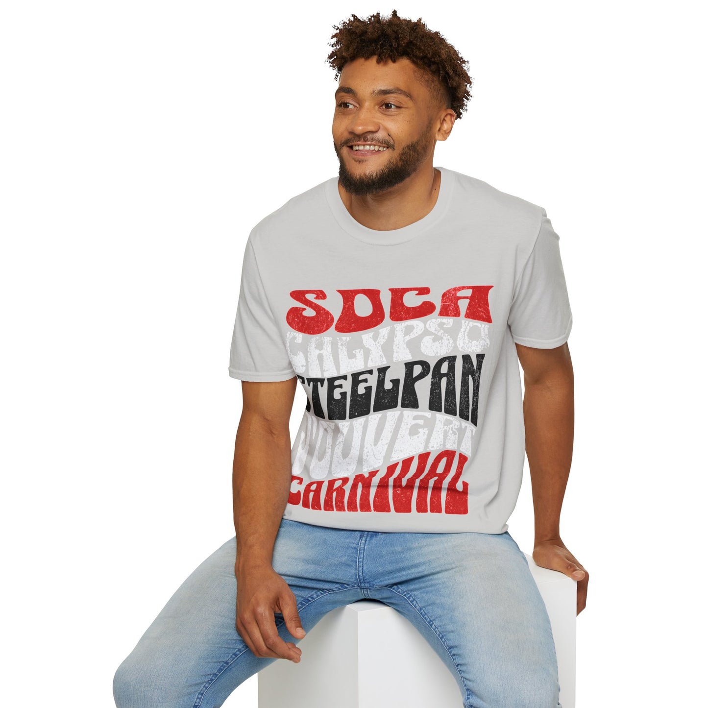Male model wearing a Ice Grey T&T TrinBago Carnival T-Shirt in T&T Flag Colors: Red, White & Black, highlighting some of the core cultural elements of the festival known famously as The Greatest Show on Earth: Soca, Calypso, Steelpan, J'Ouvert & Carnival.