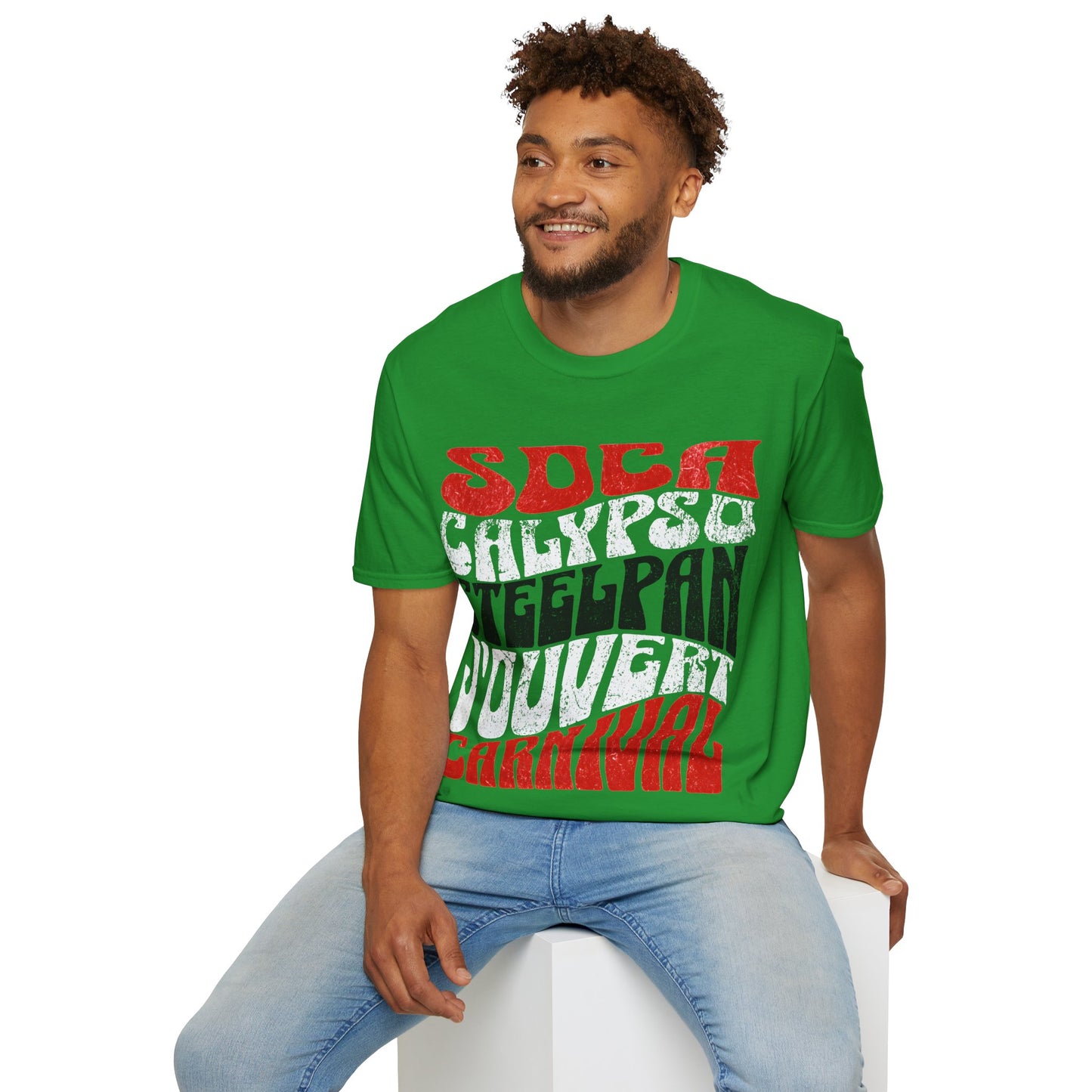 Male model wearing a Irish Green T&T TrinBago Carnival T-Shirt in T&T Flag Colors: Red, White & Black, highlighting some of the core cultural elements of the festival known famously as The Greatest Show on Earth: Soca, Calypso, Steelpan, J'Ouvert & Carnival. This one has a Christmas vibe due to the color combination.