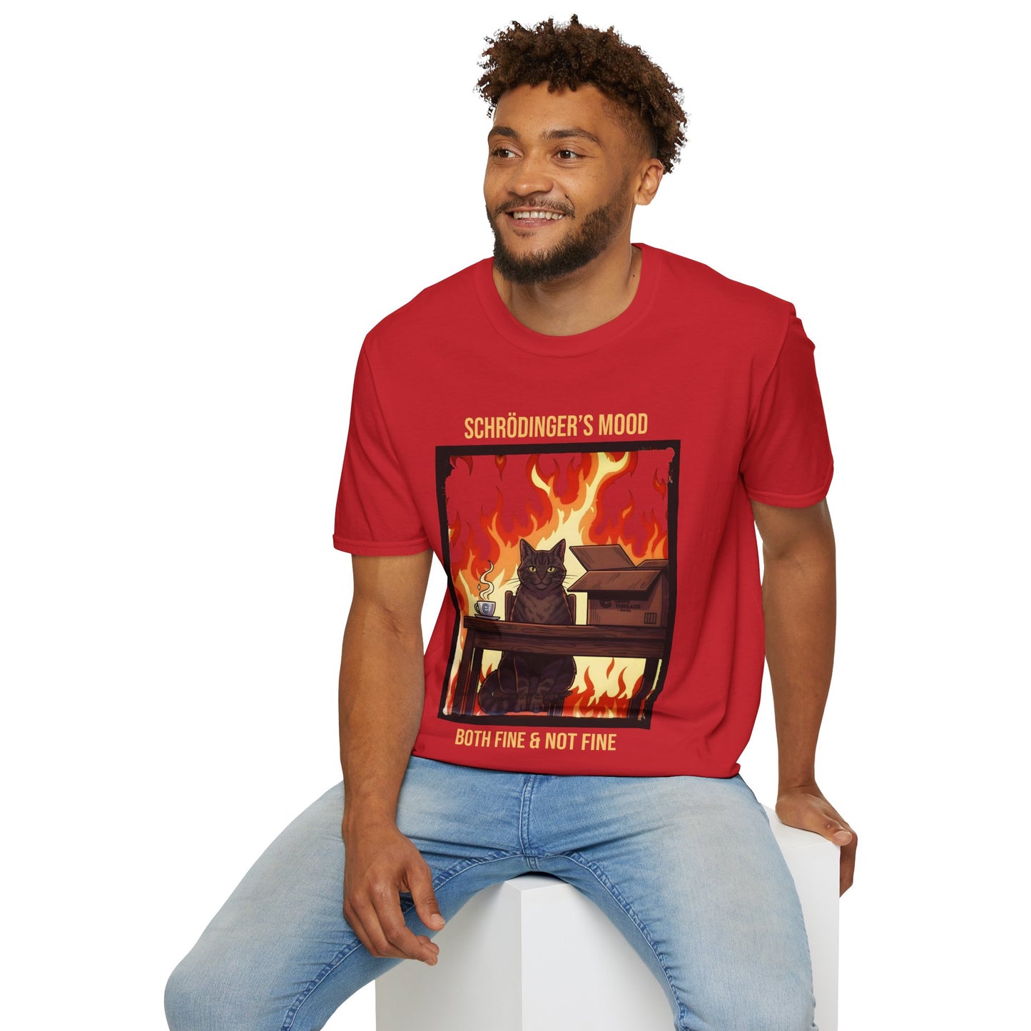 Male model wearing an Red Schrödinger’s Mood T-Shirt - Dualistic Feeling of Circumstances Either Being Fine or Not Fine