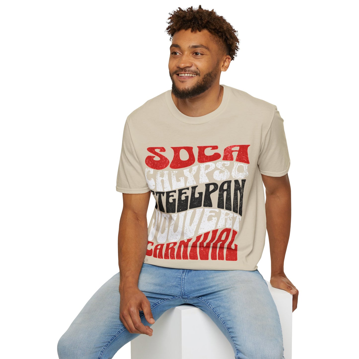 Male model wearing a Sand T&T TrinBago Carnival T-Shirt in T&T Flag Colors: Red, White & Black, highlighting some of the core cultural elements of the festival known famously as The Greatest Show on Earth: Soca, Calypso, Steelpan, J'Ouvert & Carnival.