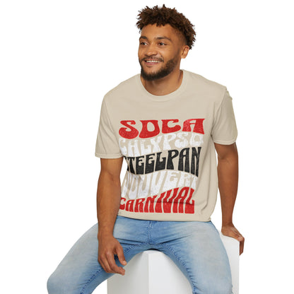 Male model wearing a Sand T&T TrinBago Carnival T-Shirt in T&T Flag Colors: Red, White & Black, highlighting some of the core cultural elements of the festival known famously as The Greatest Show on Earth: Soca, Calypso, Steelpan, J'Ouvert & Carnival.