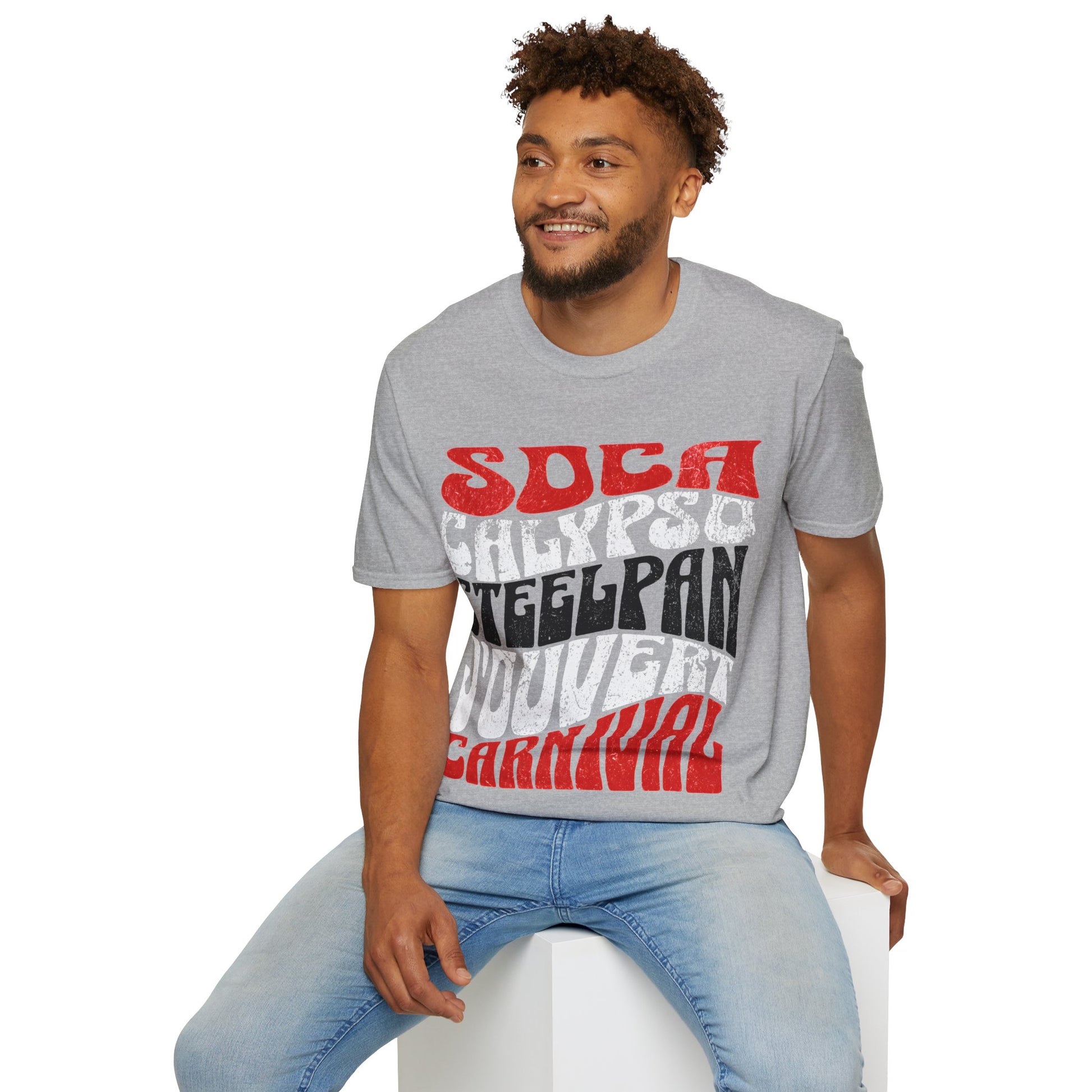 Male model wearing a Sport Grey T&T TrinBago Carnival T-Shirt in T&T Flag Colors: Red, White & Black, highlighting some of the core cultural elements of the festival known famously as The Greatest Show on Earth: Soca, Calypso, Steelpan, J'Ouvert & Carnival.