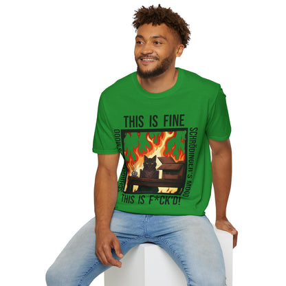 Male model wearing an Irish Green Schrödinger’s Mood T-Shirt - Dualistic Feeling of Circumstances Either Being Fine or Not Fine
