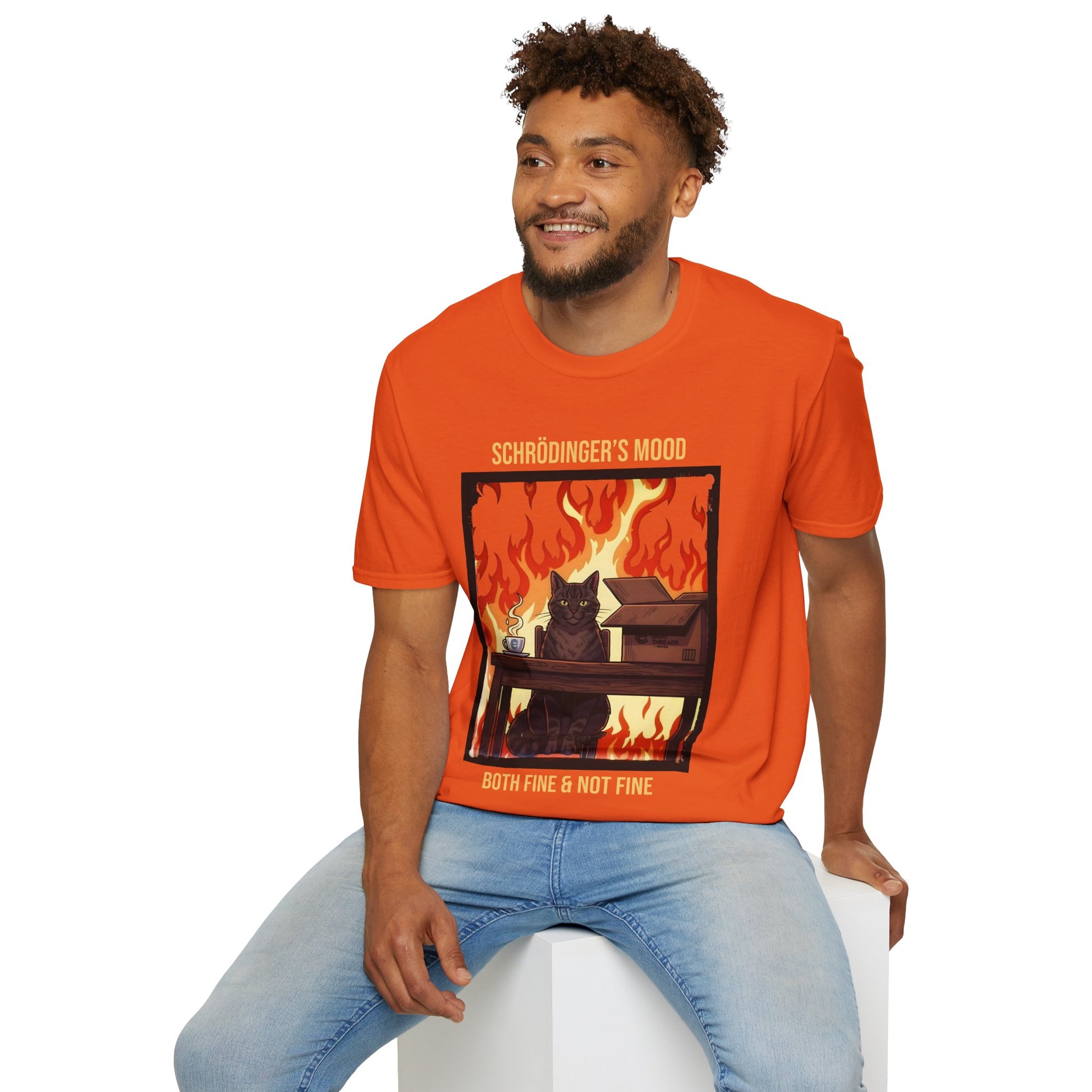 Male model wearing an Orange Schrödinger’s Mood T-Shirt - Dualistic Feeling of Circumstances Either Being Fine or Not Fine